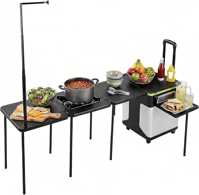Multifunctional Outdoor Kitchen Station with Wheels Folding Overland Camping Kitchen Table with Light Poles for Picnic Party Beach BBQ Cooking Indoor
