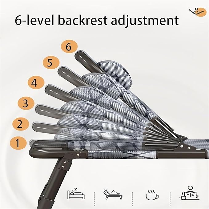 Thickened Tube Frame Camping Cot 6-Position Folding Chaise Lounge Chair Portable Folding Bed for Sleeping Office Folding Cot