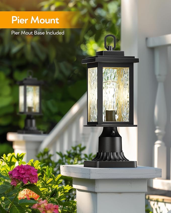 VIANIS Dusk to Dawn Outdoor Post Light Fixture with Pier Mount Base 2 Pack Waterproof Lamp Posts Outdoor Lighting Anti-Rust Aluminum Black Post Lantern Outdoor with Tempered Glass (Hardwired 120V)
