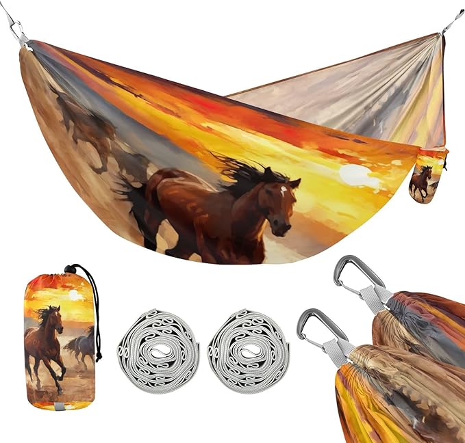 Watercolor Running Horse Camping Hammock 330 lbs with 2 Tree Straps Carry Bag Single Portable Hammock for Outdoor/Indoor Hiking Beach Backpacking Travel