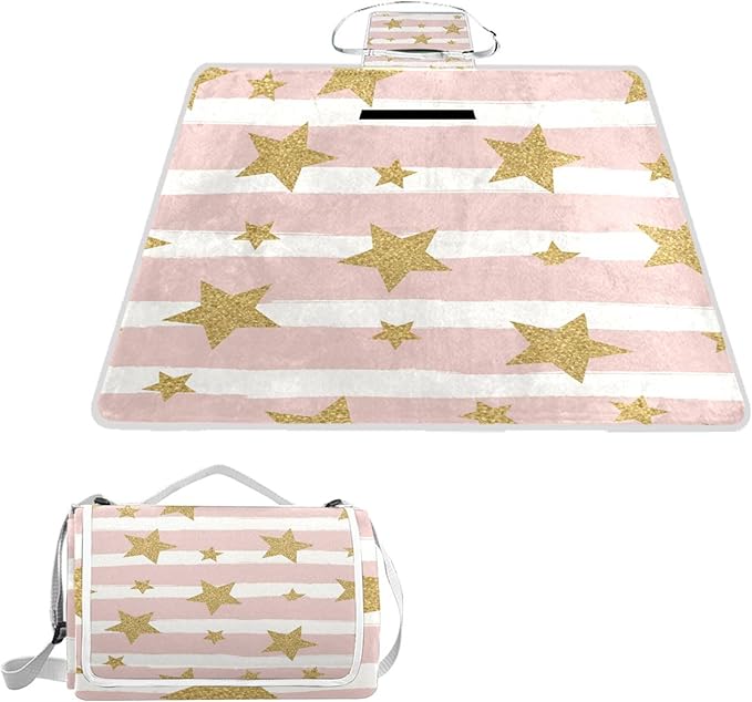 MNSRUU Picnic Blanket Waterproof Foldable Gold Glittering Stars Large Outdoor Picnic Beach Camping Blanket Travel Mat Shoulder Strap Tote Rectangle 57x59in