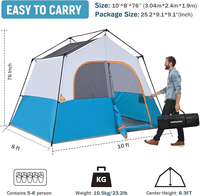 HIKERGARDEN 6-8 Person Camping Tent - Portable Family Cabin Tent for Camp Windproof Fabric Camp Tent Outdoor for Hiking Backpacking Traveling