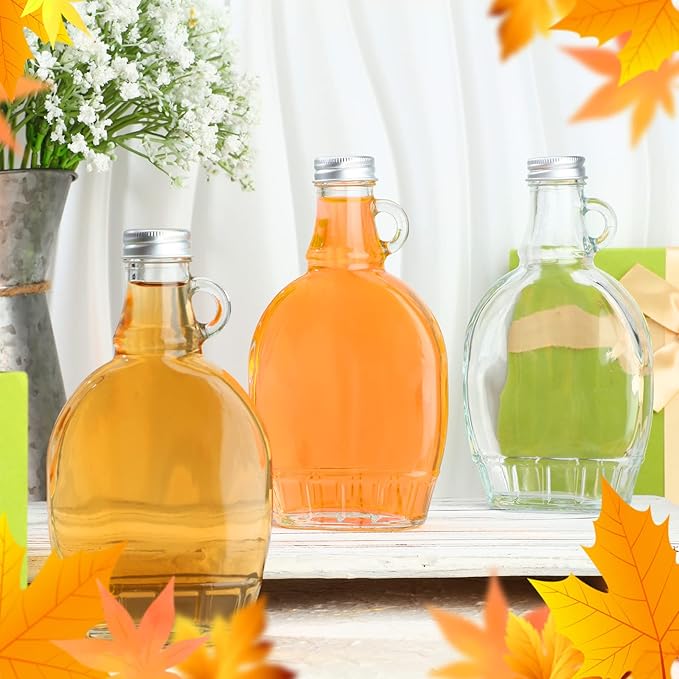 meekoo 24 Pieces 5 oz Glass Syrup Bottles with Aluminum Lid and Loop Handle Glass Maple Bottles Maple Syrup Jars Container with 4 Funnels for Potion Juice Milk Storage Gift Sauce Oil