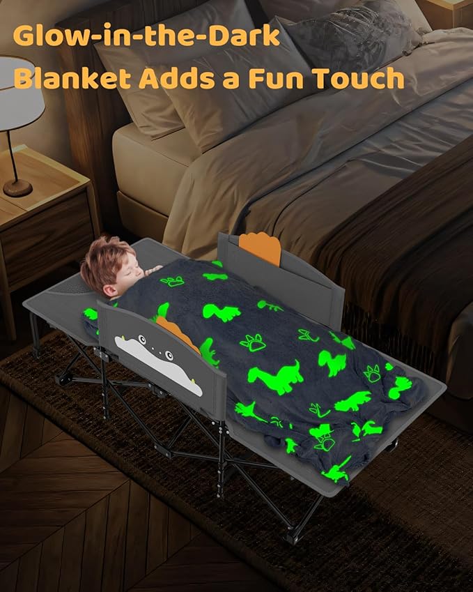 ZENPETIO Kids Camping Cot Foldable Toddler Bed with Safety Rails &amp Glow-in-The-Dark Blanket Sturdy Portable Design for Travel Indoor Outdoor Cot for Toddlers Kids