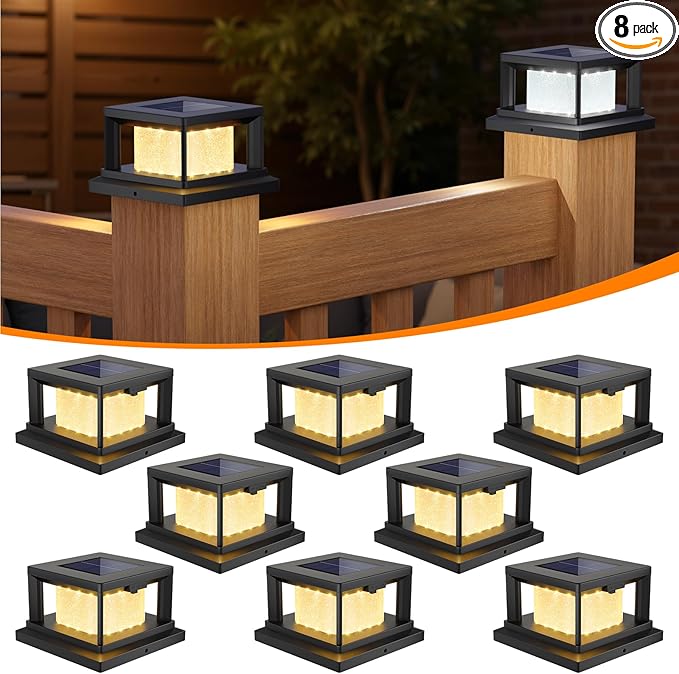 Mlambert 8 Pack Solar Post Lights Outdoor 2 Modes LED Fence Cap Light for 4x4 Post Waterproof Deck Light Patio Garden Decor Warm/Cool White Black