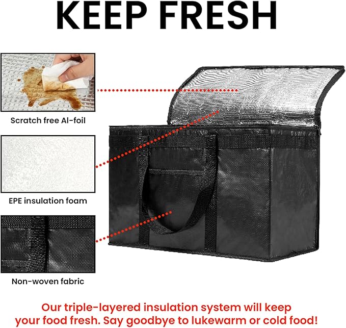 NZ home Insulated Bags for Food Delivery (2XL PRO) Grocery Shopping Cooler Bag Pizza Delivery Hot &amp Cold Catering Tote Reusable Foldable &amp Heavy Duty (2 Pack Black)