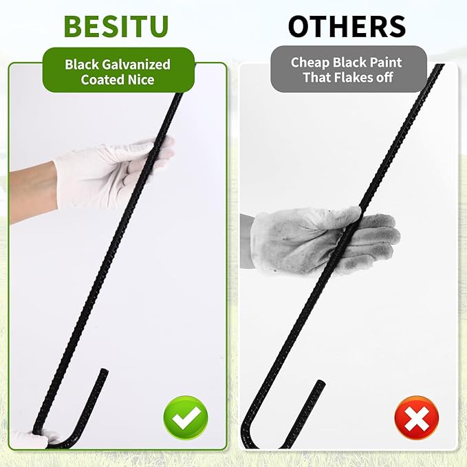 24 inches J Hook Rebar Stakes (16-Pack) Extra Long Garden Stakes with Chisel Point End Steel Rebar Ground Stakes for Tent Chain Link Fence and Outdoor Decorations Black Coated