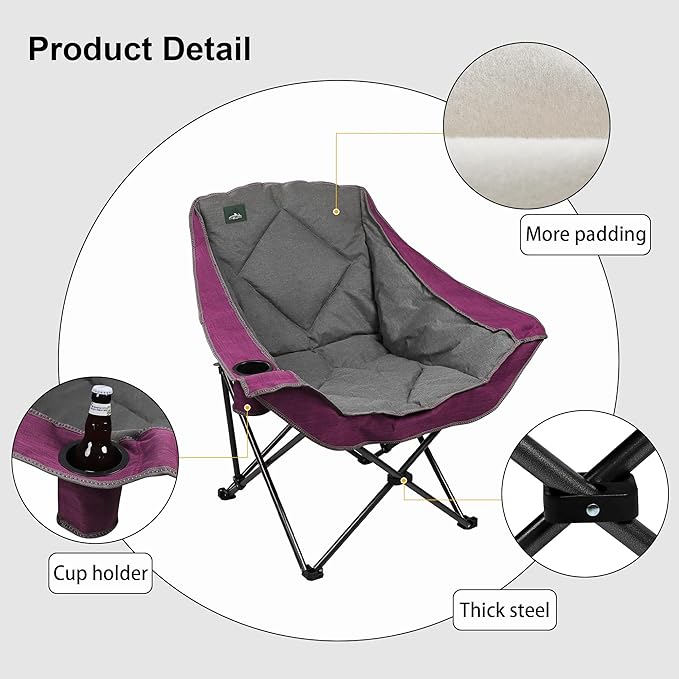 Northroad Oversized Foldable Camping Chair Outdoor Padded Lawn Chair w/Cup HolderCarry Bag for Beach Hiking and PicnicsHeavy-Duty 300-lbs Capacity Purple