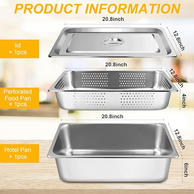 3 Pack Full Size 4 Inch 6 Inch Hotel Pan with Lid Perforated Steam Table Pan Chafing Pans Steam Table Tray Stainless Steel Restaurant Supplies for Buffets Catering Commercial Kitchen