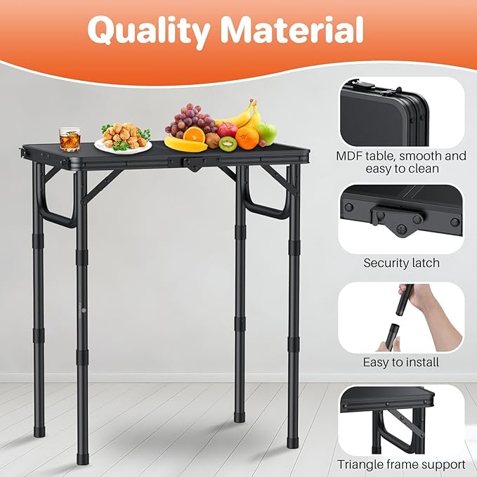 FUNYKICH 2ft Small Folding Camping Table(22.8'' Lx15.7'' W) 3 Height Adjustable Portable Picnic Table Lightweight Aluminum Outdoor Table with Carry Handle for Camping BBQ Beach Picnic Black