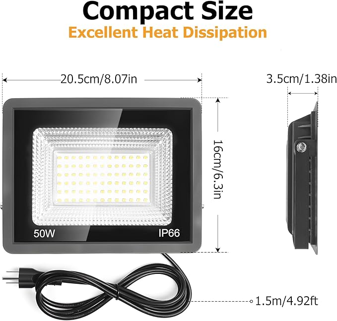 50W LED Flood Light 5500LM Super Bright 6500K Daylight Outdoor Security Light with Plug IP66 Waterproof for Yard Garden Court &amp Arena (50W-2Pack)