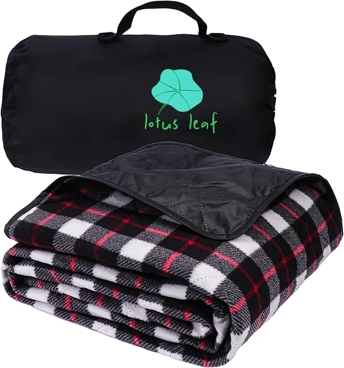 LOTUS LEAF Waterproof Stadium Blanket 85”X 55” PackableWindproof Extra Thick Picnic mat Stadium Blankets for Camping with Quilted Fleece LiningMachine WashableBlack (Red Check)