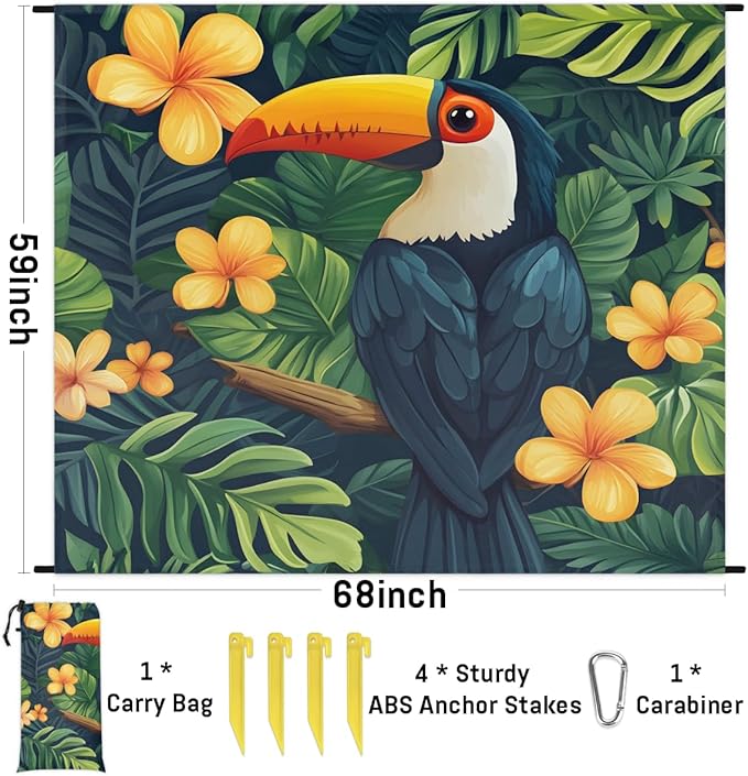 Waterproof Sandproof Beach Blanket 59''×68'' Animal Toucan Polyester Outdoor Picnic Blanket with 4 Stakes &amp Storage Bag for BeachCampingVacation