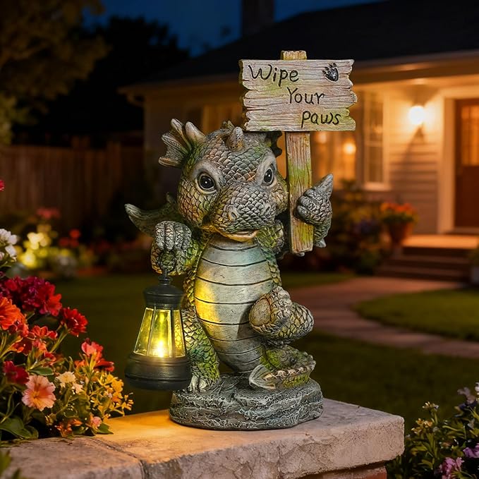 Solar Dragon Garden Statue with Lantern Resin Outdoor Yard Decor Figurine Waterproof Solar Powered Light for Patio Lawn Walkway &amp Front Porch (Dragon)