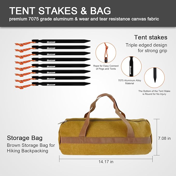 8 Pack Tent Stakes and Hammer with Canvas Storage Bag Heavy Duty Camping Stakes for Outdoor Tent &amp tarp-Essential Accessories Carbon Steel Aluminum Camping Hammer for Hiking Kit