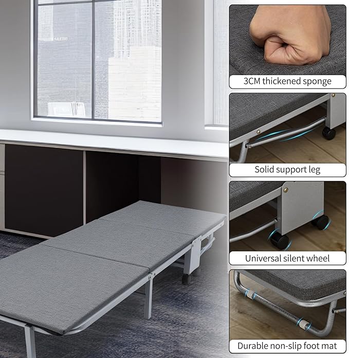 Glamping Cot with Sleeping Pad Folding Bed with Wheels Folding Steel Cot with Thick Mattress Pad for Comfortable Sleeping Deluxe for Big &amp Tall Adults Grey