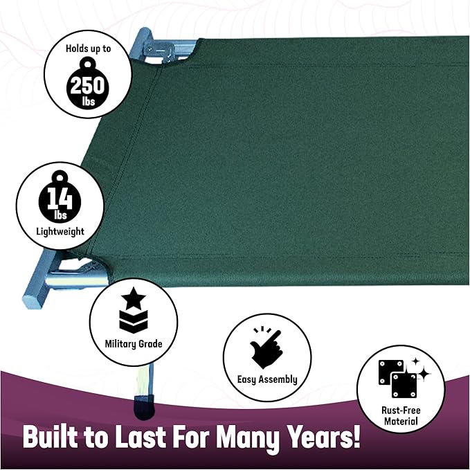 Kemp USA Aluminum Military and Camping Portable Folding Cot Stretcher Green