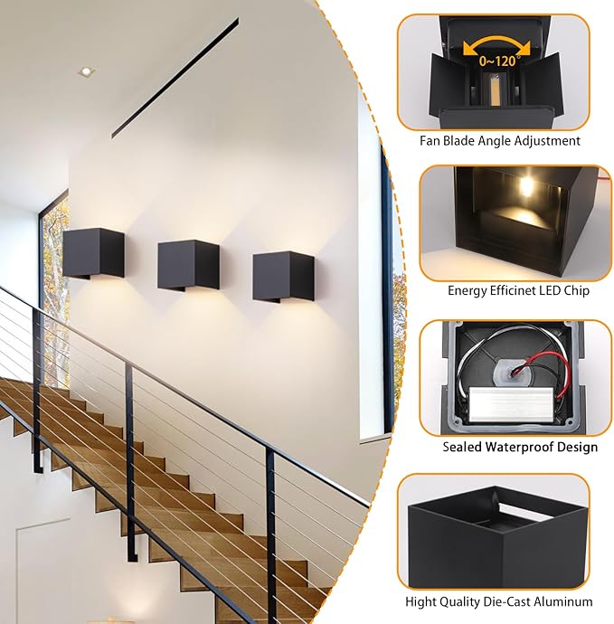 2 Pack LED Outdoor Wall Sconces Exterior/InteriorModern Square Aluminum Wall Light Fixture SetVariable Beam IP65 Waterproof Lights 12W Warm Light 3000K Up and Down Wall Lighting Fixtures.
