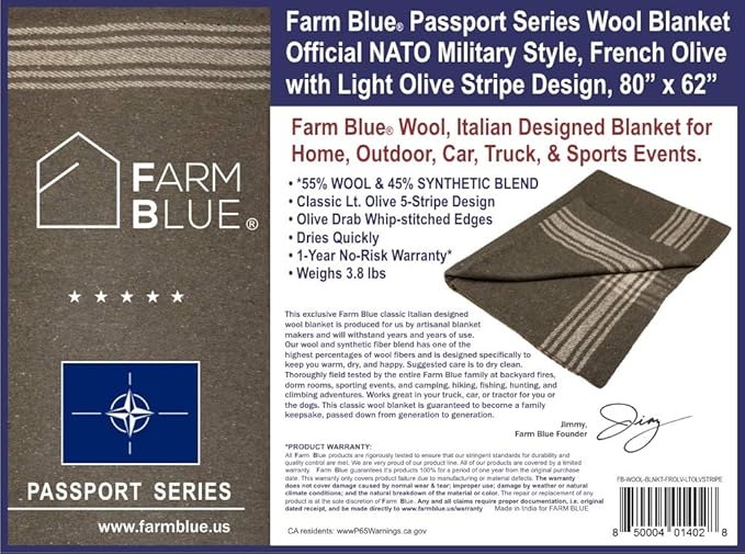 Farm Blue Wool Blanket Military Style - Thick &amp Lightweight Army Camping Blankets 80x62 - Large Camp Survival Blankets - Car Hiking Backpacking &amp Festivals (French Olive with a Light Tan S