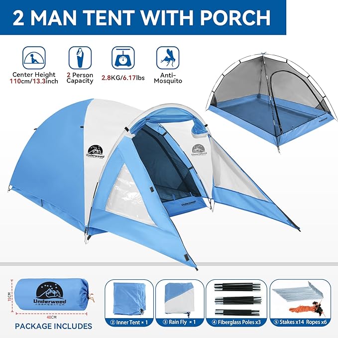 Camping Tent 2 Person with Porch Lightweight Backpacking Tent 2 Person Easy Setup Waterproof Two Person Camping Gear for Outdoor Hiking Hunting Mountaineering by Underwood Aggregator