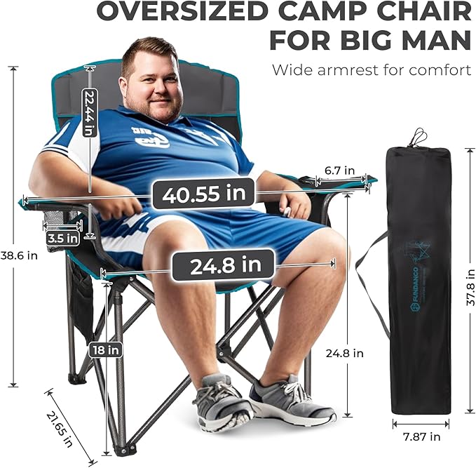 FUNDANGO Oversized Camping Chair for Adults550lbs Heavy Duty Foldable Portable Lawn Chair with Padded Seat &amp Back 4-can Cooler &amp Cup Holder Carry Bag Included for Outdoor (Black/Grey)