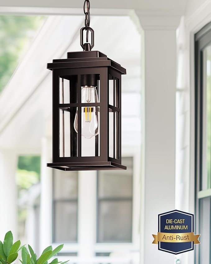 Bronze Hanging Porch Light Modern Outdoor Pendant Lights for Porch Waterproof Outdoor Hanging Lights with Tempered Glass Aluminum Hanging Exterior Light for Patio House Adjustable Chain
