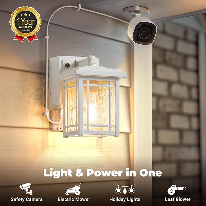 2-Pack Outdoor Wall Light with GFCI Outlet White Dusk to Dawn Exterior Light Fixture Wall Lantern Waterproof Front Porch Lights Wall Mount Modern Outdoor Coach Lights with Water Ripple Glass