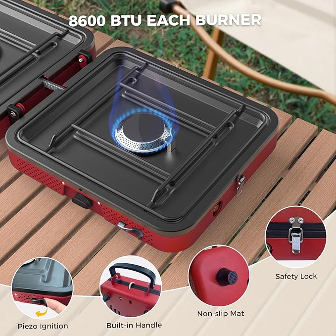 CAMPLUX FoldGo 2 Burner Portable Camping Stove 17200 BTU Foldable Propane Stove for Outdoor Cooking with Carry Bag Portable Gas Stove with 2 Adjustable Burners Red