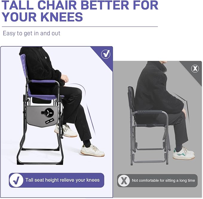 EVER ADVANCED Portable 30.7 Seat Height Tall Folding Camping Chair Directors Chair High Foldable Bar Stool with Side Table for Makeup Artist Sports Event Craft Show Supports 350LBS