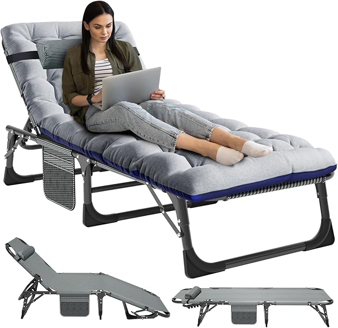 NAIZEA Folding Camping CotsAdjustable 4-Gear Sleeping Cots for AdultsFoldable Cot Bed Folding Chaise Lounge ChairPortable Reclining Chair for Beach Lawn Camping PoolSunbathing Chairs