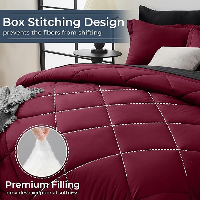 HEVUMYI Red &amp Black Full Comforter Set - 7-Piece All Season Bed in a Bag Full Ultra Soft Burgundy Bedding Set with Comforter Flat Sheet Fitted Sheet Pillowcases Pillow Shams Burgundy Red &am