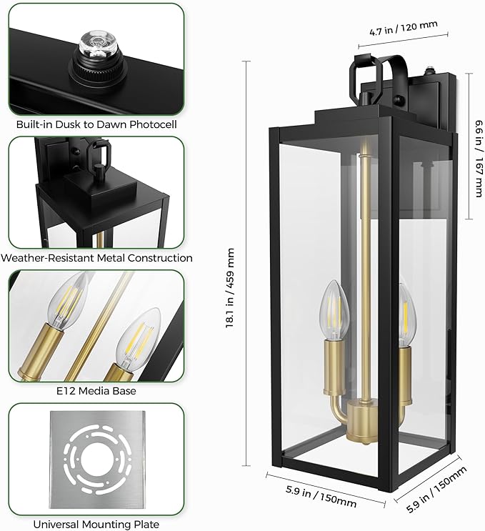 DORESshop 18 Dusk to Dawn Outdoor Wall Lights 2-Light Black &amp Gold Outdoor Wall Sconce Lantern with Clear Glass Tall Transitional Exterior Light Fixtures for Porch Garage ETL Listed 2 Pack