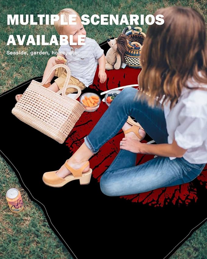 Beach Blanket Waterproof Sandproof Oversized Red Lip Print Kiss Me Beach Mat with Corner Stakes Sand Pockets Black Back Outdoor Picnic Mat for Travel Camping Hiking 95x80In
