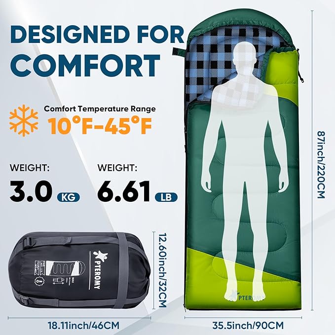 PTEROMY Sleeping Bags for Adults Lightweight and Machine Washable Water Resistant Backpacking Camping Sleeping Bag for Warm Cold Weather Camping Essentials for Hiking Travel