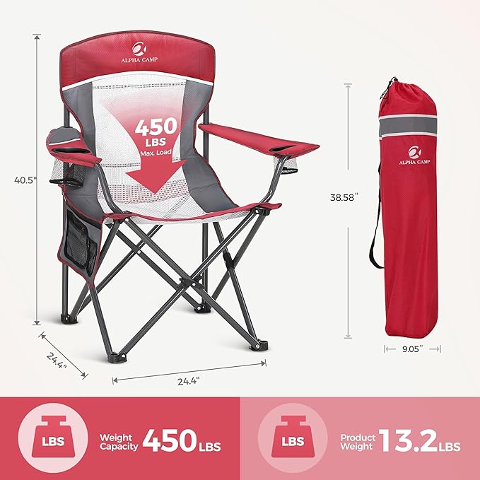 LET'S CAMP 2 Pack Mesh Back Camping Chair Portable Folding Heavy Duty Outdoor Chair Support 330 LBS Durable Large Arm Chair with Cup Holder and Carry Bag for Camp Fishing Hiking Red