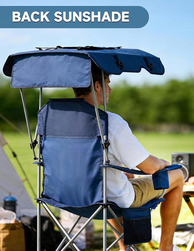 East Oak Camping Chair with Canopy | 25'' High Back Folding Beach Chair with Canopy Shade Removable Headrest Cup Holder Side Pocket 330 lbs Heavy Duty for Sports Events Fishing