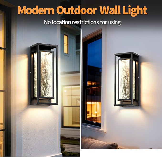 16'' LED Outdoor Wall Lights 2 Packs 3000K Porch Lights Outdoor Sconce Lights with Water Ripple Glass Modern Exterior Lighting Fixtures Outdoor Lantern Outside Lights for House Garage Patio Black