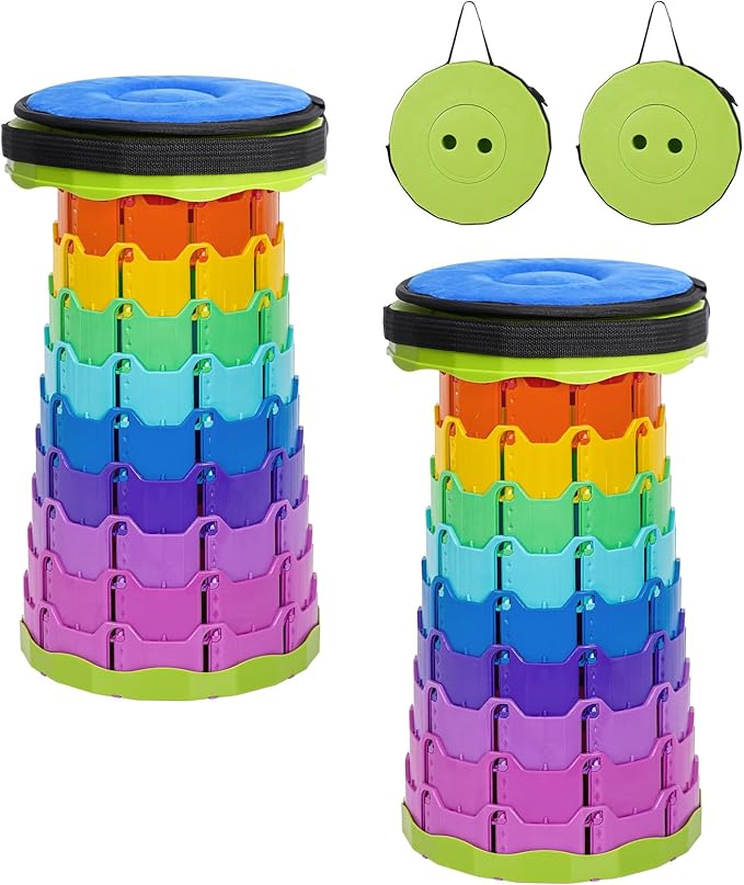 2 Pack Upgraded Collapsible Stool Folding Stool with CushionRetractable Folding Stool Max Load Capacity 400lbs Portable Telescoping Stools for Camping Hiking Outdoor BBQ -Rainbow-Green