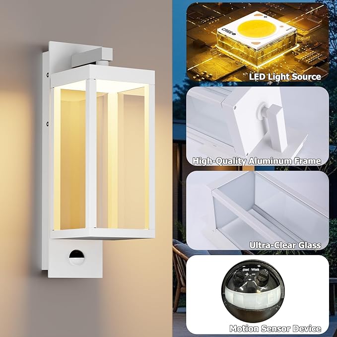 Outdoor Wall Light with Motion Sensor 15inch White Waterproof LED Coach Light for Porch Front Door Garage Patio Garden – Durable Tempered Glass Exterior Lighting Fixture Security Light for House