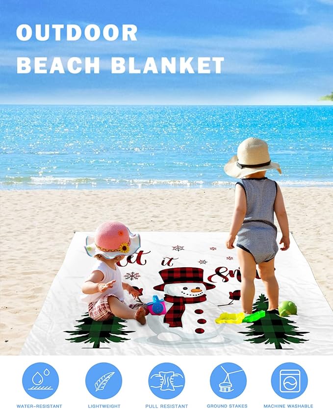 Beach Blanket Waterproof Sandproof Winter Christmas Snowman with Pine Trees Quick Drying Beach Mat with 4 Stakes Snowflake on White Lightweight Picnic Blanket for Travel Camping Outdoor 108x84