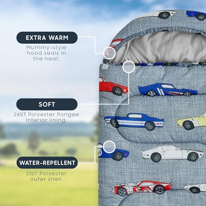 Wake In Cloud - Kids Sleeping Bag for Boys Toddlers Camping in Warm Cold Weather Backpacking Lightweight Compact Outdoor Liner for 3 Seasons Race Cars Vehicles