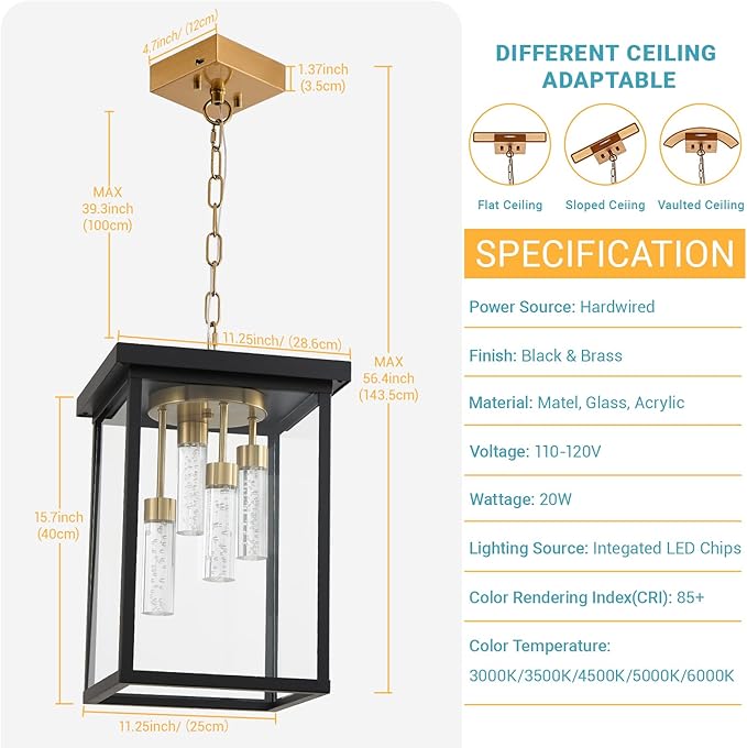 LOUSACE Modern LED Outdoor Pendant Light Black &amp Brass 4 Lights Large Exterior Hanging Light Fixtures 5CCT Dimmable LED Outdoor Chandelier Pendant Lantern with Clear Glass for Front Porch Entranc