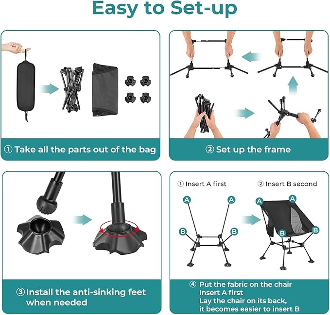 ATEPA Backpacking Chair Ultralight Folding Portable Small Camping Chairs for Adults Compact Foldable Beach Seat with Anti-Sinking Feet &amp Aluminum Frame for Outdoor Hiking Travel Fishing 2 Pack B