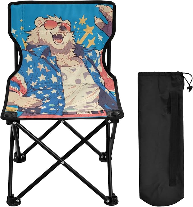 KLL Cartoon Cool Spectacled Bear Patriotic Color Collapsible Foldable Chairs Indoor Ultralight Beach Chair Backpack Includes Carry Bag Hiking Chair for Outside Lawn