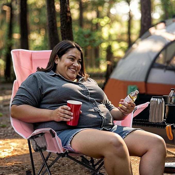 VITESSE Oversized Rocking Camping Chair Luxury Padded ReclinerOversized Folding Lawn Chair with Pocket and Carry BagOutdoor Camp Rocker Chairs for Adults Heavy Duty 300 LBS (Pink)