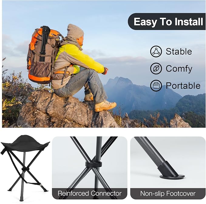 18 Folding Tripod Stool for Adults Heavy Duty Lightweight Portable Three Leg Tall Camping Stool Collapsible Backpacking Tripod Seat Chair for Fishing Hunting Support 225 lbs Black