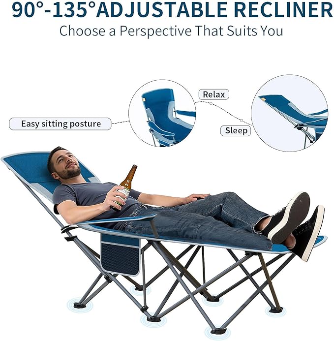 Folding Beach Chair Recliner for Adults - Heavy Duty 300lbs Camping Chair with Adjustable Backrest &amp Footrest Portable Outdoor Lounge Chair for Backyard Fishing Travel