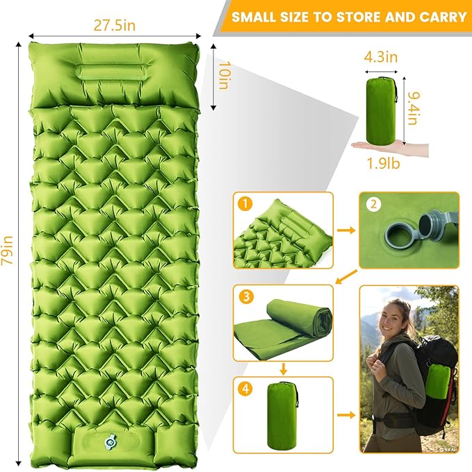 Camping Sleeping Pad Ultralight Camping Mat with Pillow Built-in Foot Pump Inflatable Sleeping Pads Compact for Travel Camping Backpacking Hiking Tent Car Camp Gear
