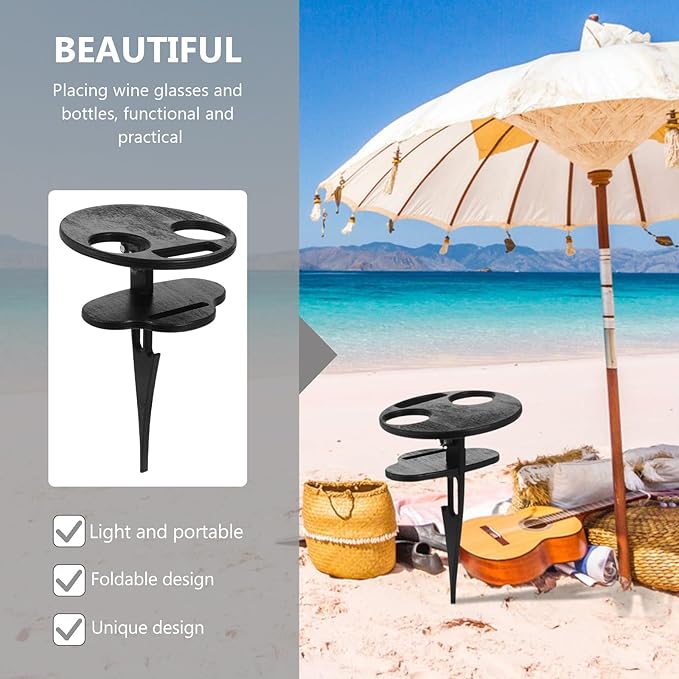 Portable Foldable Outdoor Wine Table with Two-Tier Wood Storage Black Picnic Snack Table for Beach Camping and Backyard Parties