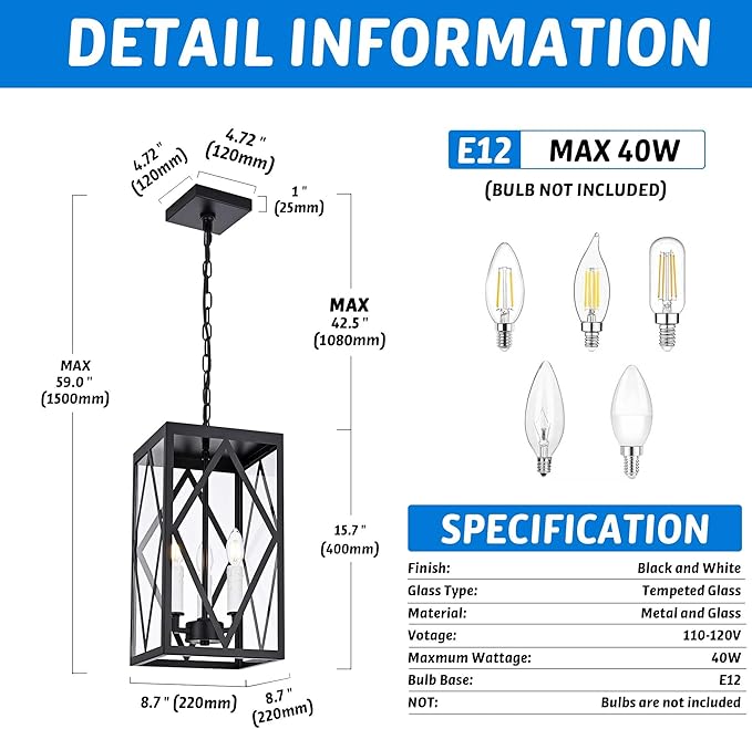 3 Light Outdoor Pendant Lights for Porch 15.7'' Waterproof Exterior Hanging Porch Lights Ceiling Mount Outdoor Chandelier with Clear Glass for Front Porch Gazebo Patio White Socket